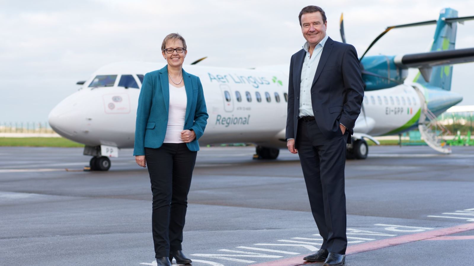 Pictured is Aer Lingus CEO Lynne Embleton with Emerald Airlines CEO Conor McCarthy, at the announcement of the commencement of Aer Lingus Regional flights, with tickets on sale from today. The flights, operated under a franchise agreement by Emerald Airlines on behalf of Aer Lingus, will commence on 17th March with over 340 flights per week across 11 routes with fares starting at €29.99 one way. The services will greatly increase connectivity between the UK, Ireland and the US, and catalyses Aer Lingus’ strategy to expand Dublin Airport as a hub airport. Further route announcements will be made in the coming weeks. Customers can book at aerlingus.com